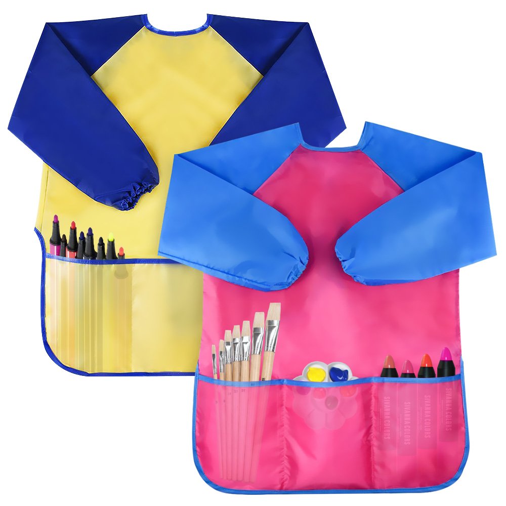 Bassion 4 Pack Kids Art Smocks Toddler Smock Waterproof Artist Painting Aprons Long Sleeve With 3 Pockets For Age 2-6 Years Gift