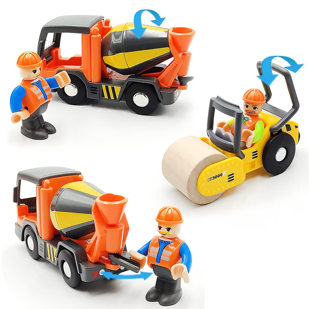 Dshmixia Wooden Train Cars Track Accessories Set Rescue Roller Truck And Mix Truck Toys Small Vehicles Magnetic Train Cars Fit For Wooden Train Track Railway For Boys And Girls (Engineering Set)