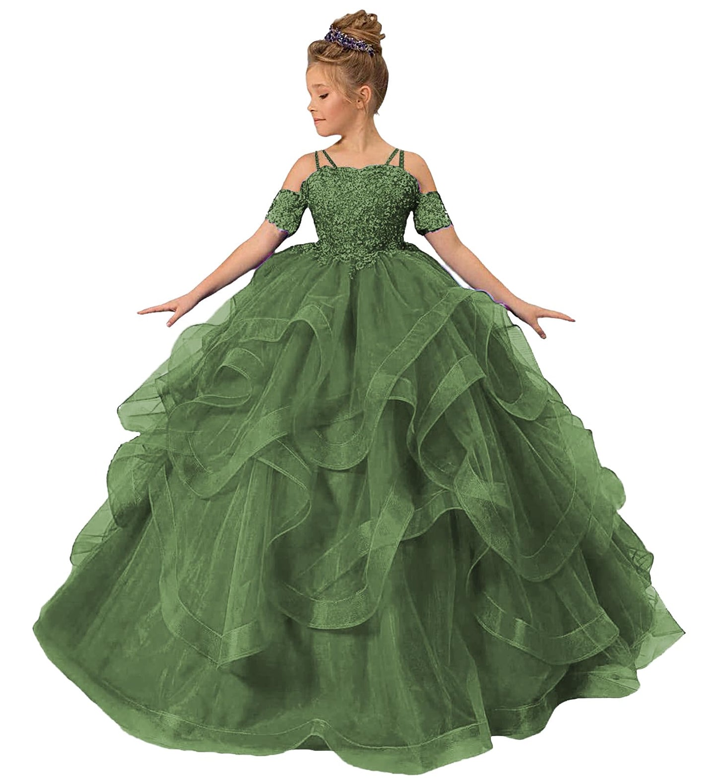 ZPVP Olive Green Long Girls Pageant Dress Ruffles Princess Flower Girl Dress Beaded Appliques Tulle Wedding Party Costumes US4