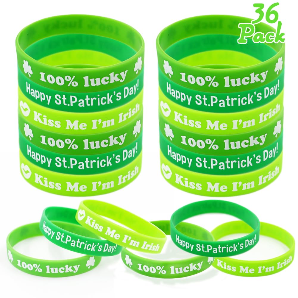 Umeelr St. Patrick'S Day Shamrock Bangle Bracelets Green Irish Rubber Wristbands Bracelet For Party Favors Supplies 36 Pack