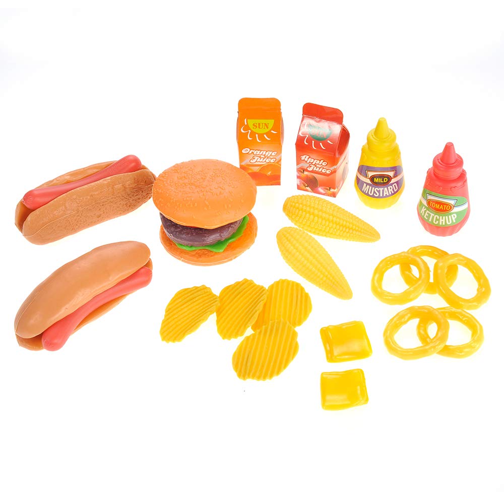 PowerTRC 26 Pc Deluxe Kids Fast Food Play Set - Pretend Burger, Hot Dog, Potato Chips, Onion Rings, Corn & More, Cooking Play Se