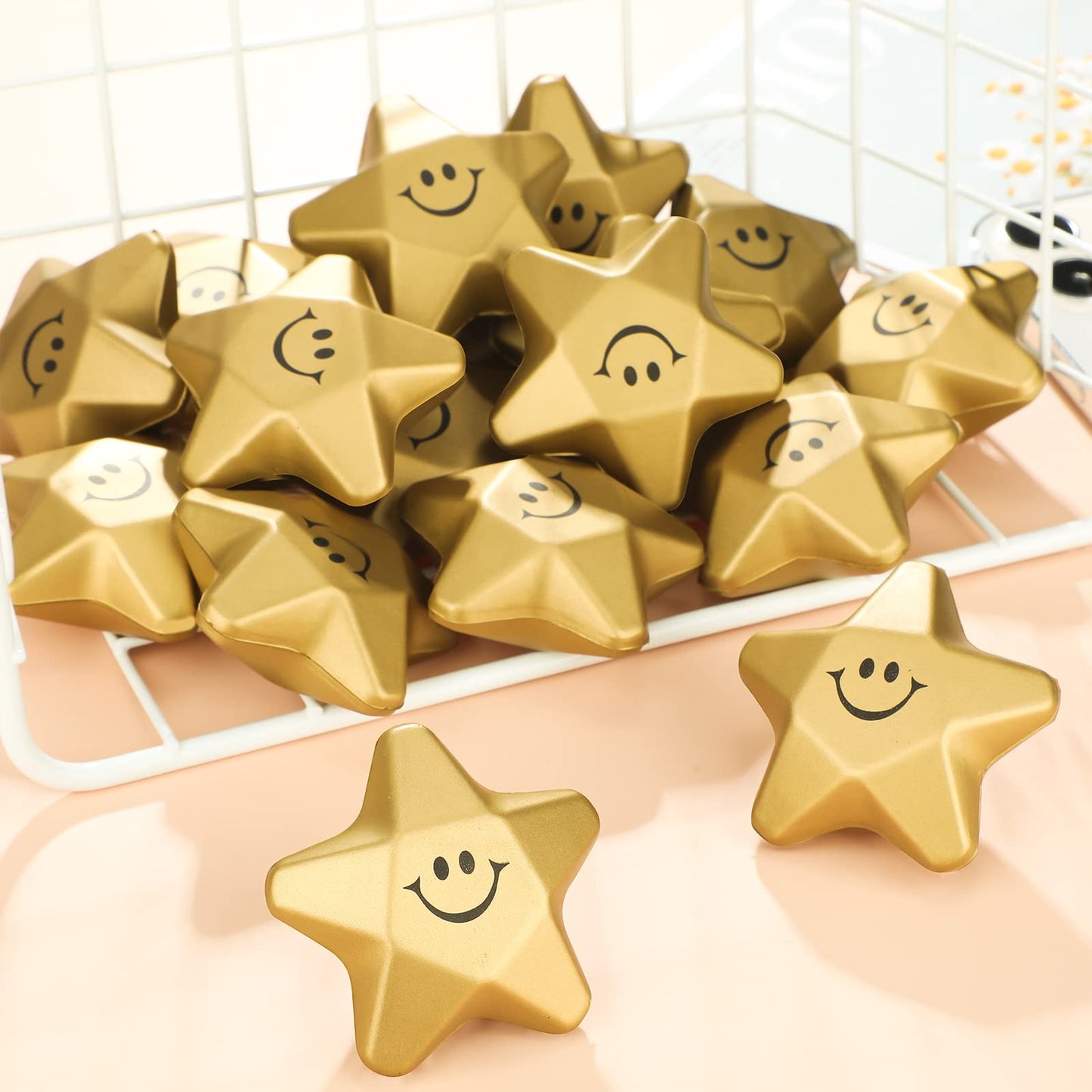 36 Pieces Star Stress Balls Star Mini Foam Ball Stress Relief Star Balls Star Stress Toys For Teens Adults Student Bag Fillers, Gold (Smile,1.6 Inch)