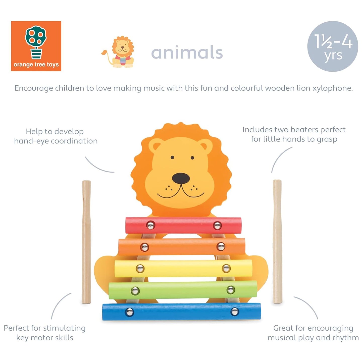 Orange Tree Toys: Xylophone: Lion - Wooden Musical Instrument Toy W/ 2 Drumsticks, Animal Shaped, Colorful Developmental Toy, Toddler & Kids, Ages 3+