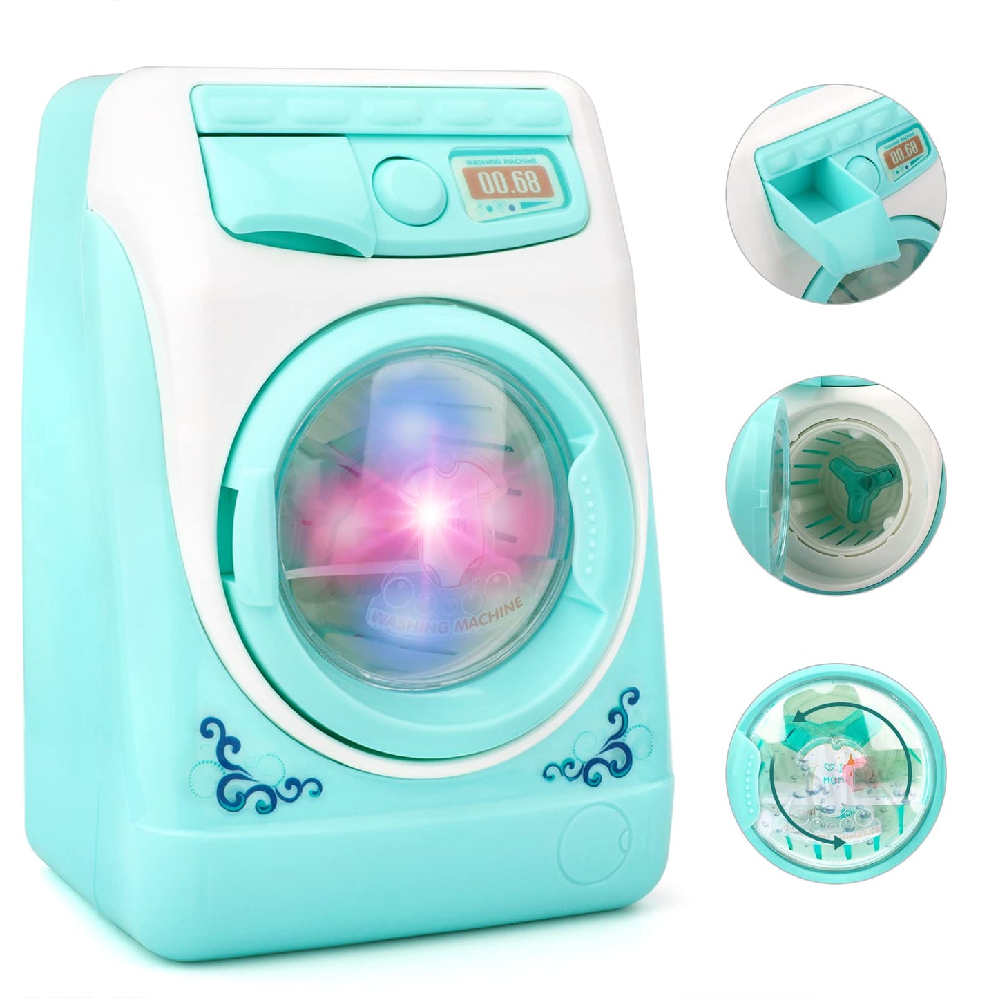 Deao Washing Machine Toy For Kids Dollhouse Furniture Pretend Play Household Appliance Realistic Sounds With Lights Laundry Play Set With Rotatable Roller For Boys Girls