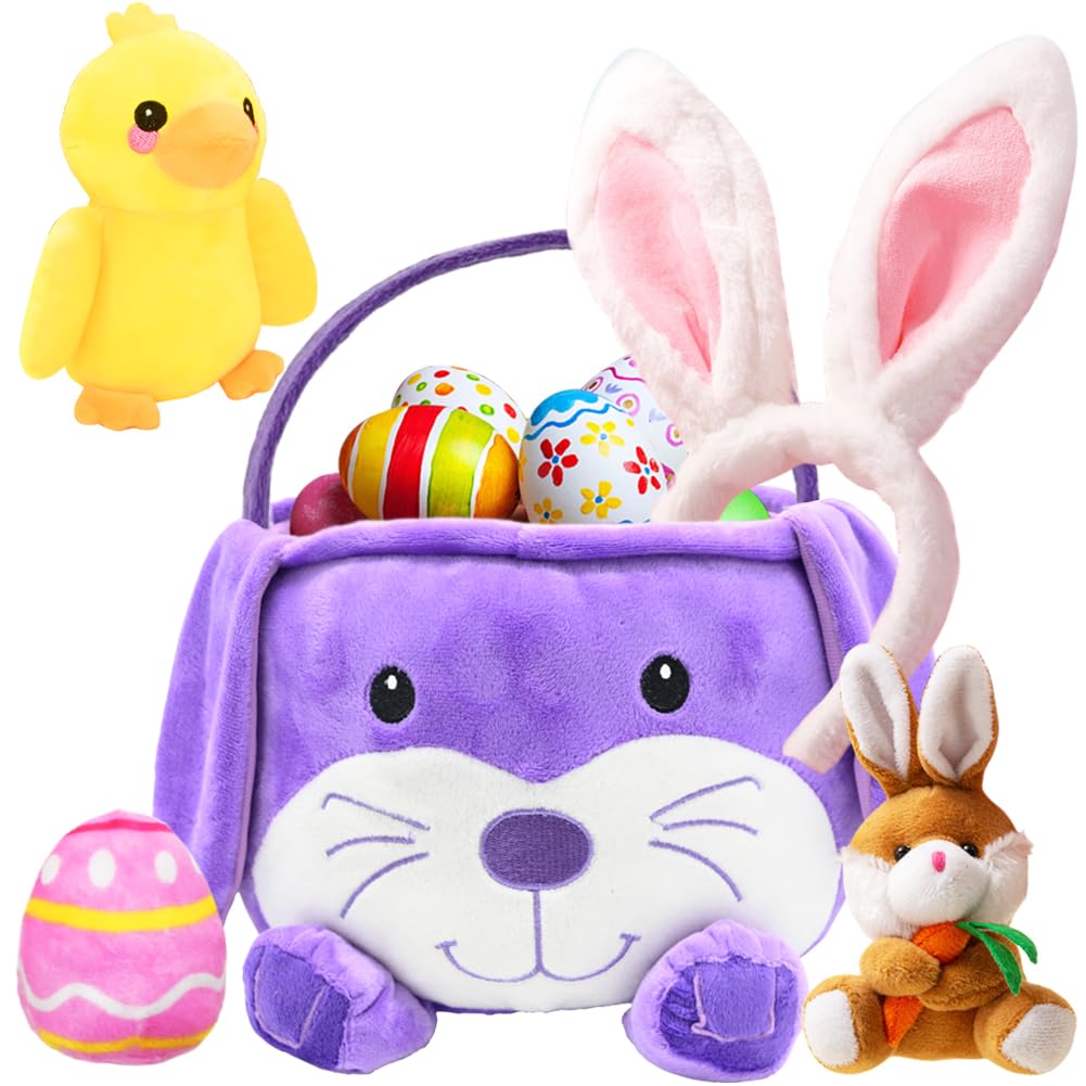 Easter Bunny Basket With 3 Rabbit Duck Keychains 1 Ears, Cute Plush Handle For Baby Girls Boys Party Favors, Gifts Bag Hunt Bag, Decorations Supplies