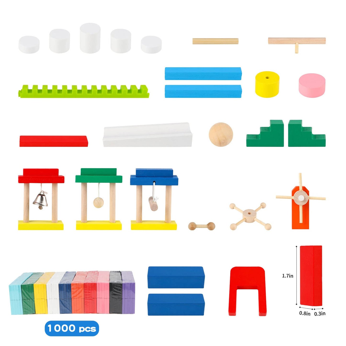 1000 PCS Bulk Dominoes Set for Kids with Extra 11 Blocks Wooden Building Blocks 10 Colors Dominoes Racing Tile Games Educational Toy for Kids Birthday Party with Storage Bag