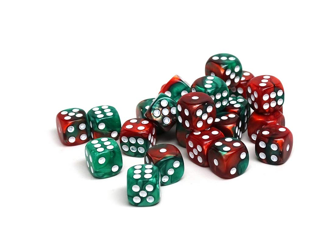 25 Count Pack of 12mm D6 Dice - Matching Collection of 6 Sided Dice with Pips (Green and Red Swirl)