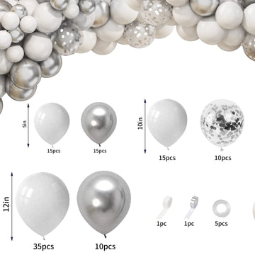 103Pcs Balloon Arch Garland Kit, White Metallic Silver Latex Balloon Garland Party Decoration Set With Silver Confetti Balloons For Girls Birthday Wedding Bridal Engagement Baby Shower Valentine'S Day