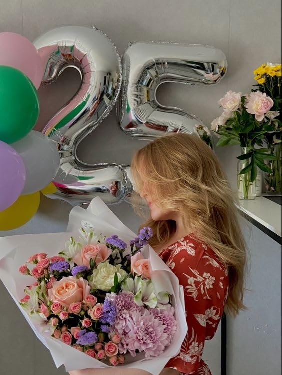 25 Balloon Number, Silver Number 25Th Birthday Balloons 40 Inch, 25 Or 52 Years Old Silver Birthday Decorations For Men Women, 2