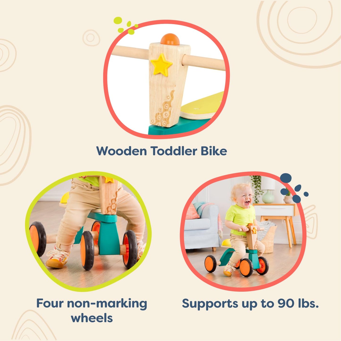 B. Toys Smooth Rider Wooden Toddler Bike, Large, Multicolor, Model BX2138C1Z, Balance Push & Ride Toy for Ages 18 Months +