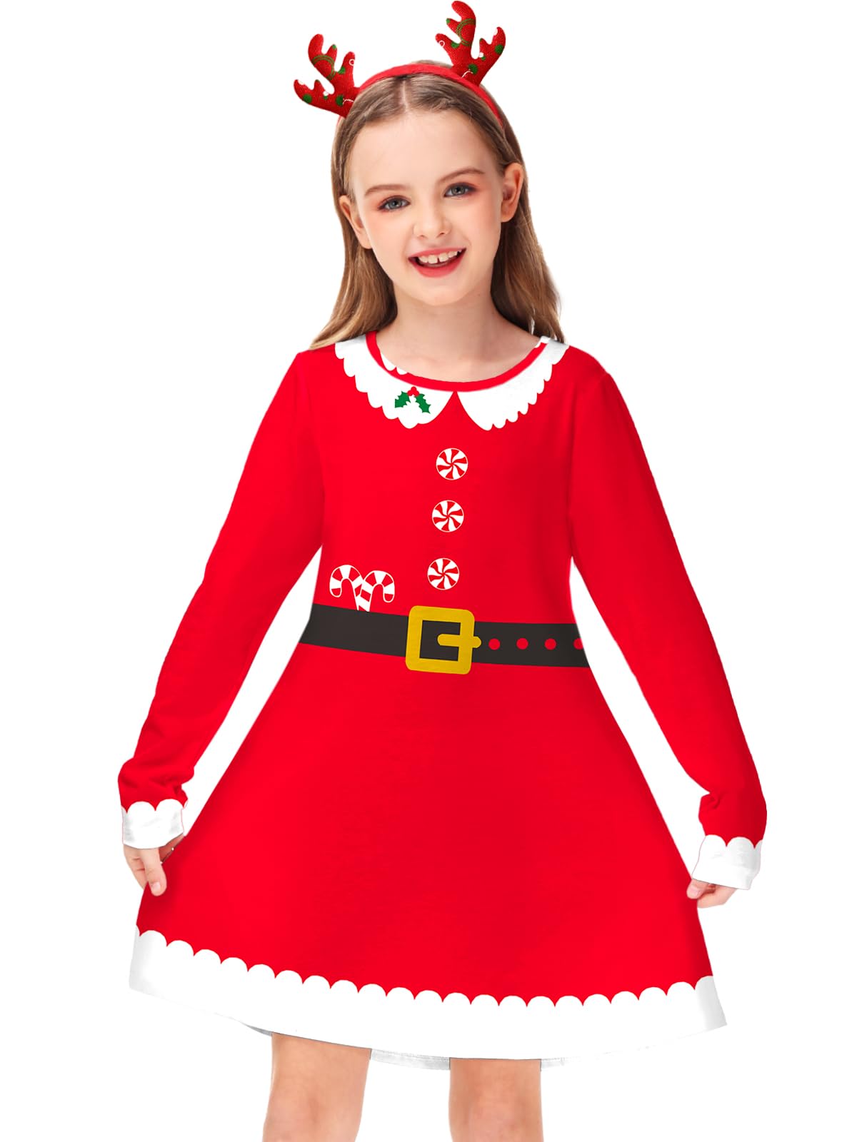 Christmas Santa Dress for Girl Long Sleeve Xmas Red Tshirt Dress Unique Ugly Swing Dresses 5-6 Years