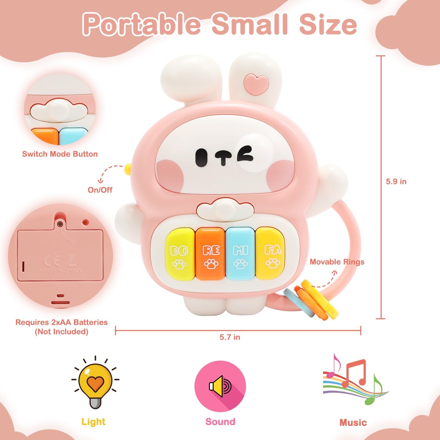 Baby Musical Toys 6-12 Months, Rabbit Piano For Baby Musical Toys For Toddlers 1-3, Busy Board With Music & Light, Birthday Toy