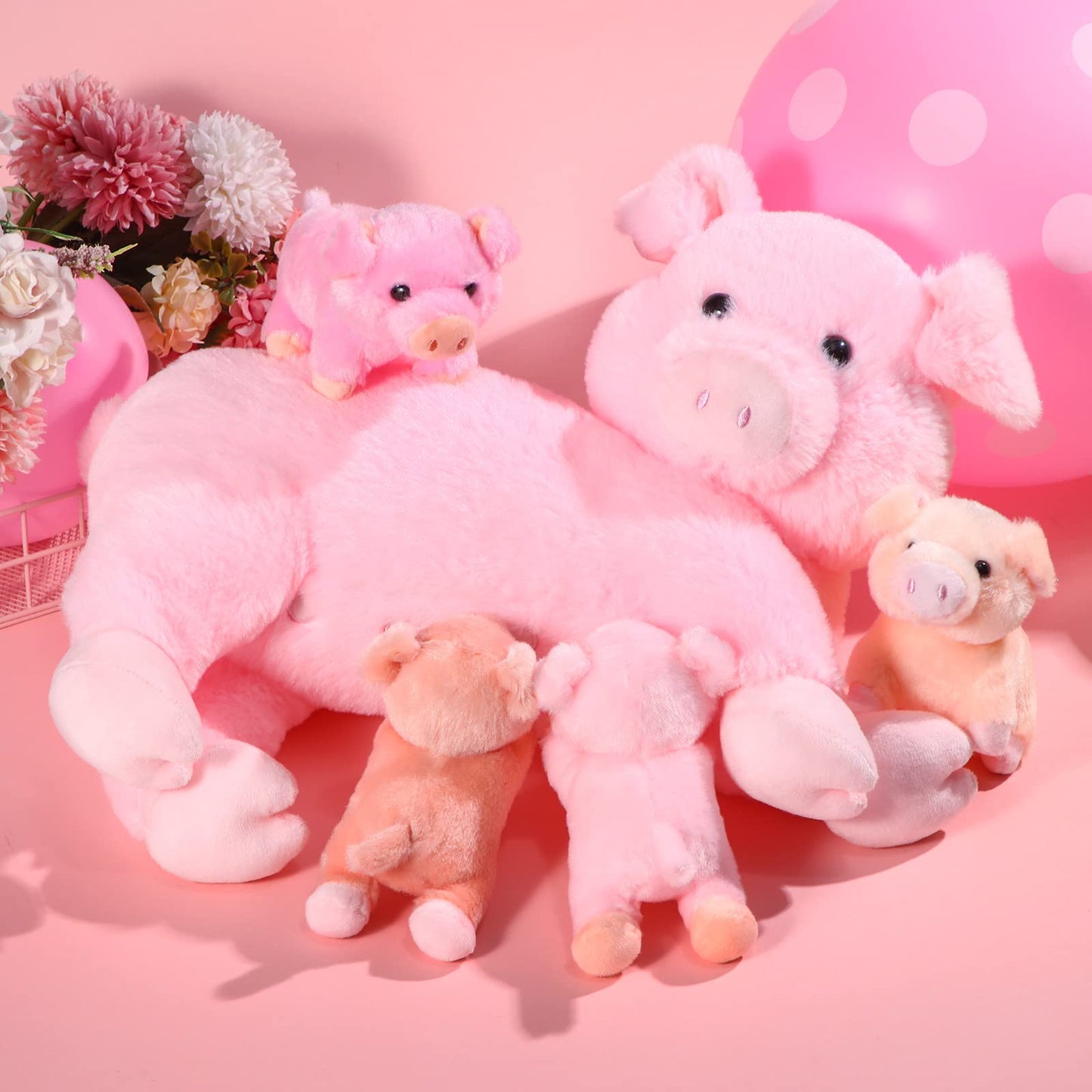 Honoson Pink Pig Stuffed Animal with 4 Magnetic Baby Pigs - Cuddly Plush Mommy Toy for Kids, Birthday Gifts & Baby Shower Decor