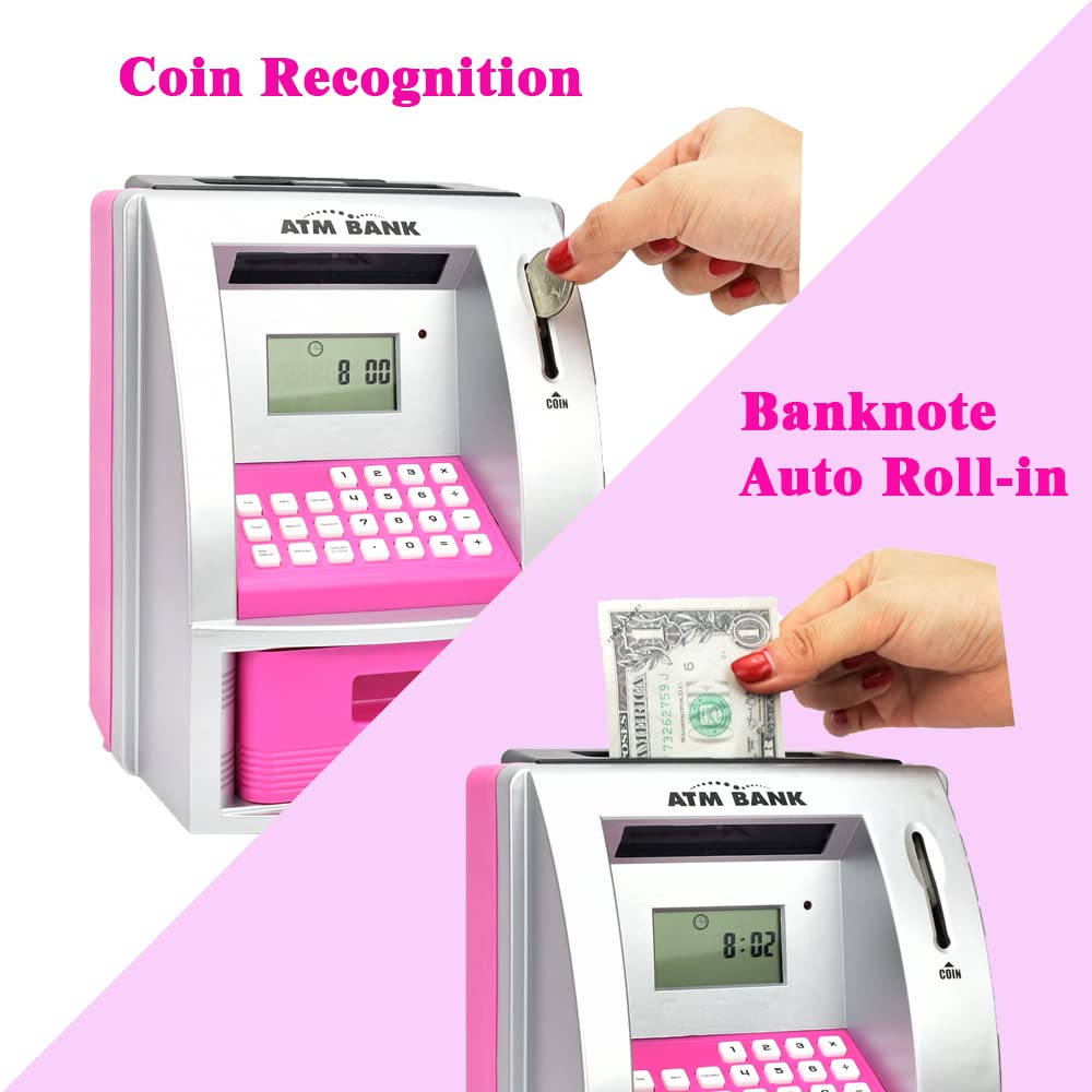 Toy Talking Atm Bank Atm Machine Savings Bank For Kids –Works A Real One- Deposit, Withdraw, Debit Card, Saving Target, Timer And Clock (Pink)