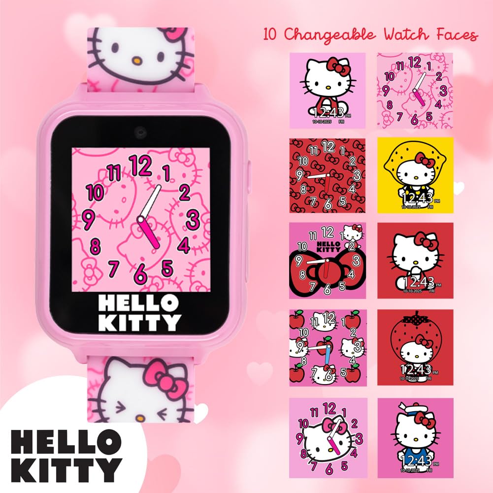 Accutime Hello Kitty Pink Educational Learning Touchscreen Kids Smart Watch - Toy For Girls, Boys, Toddlers - Selfie Cam, Learni