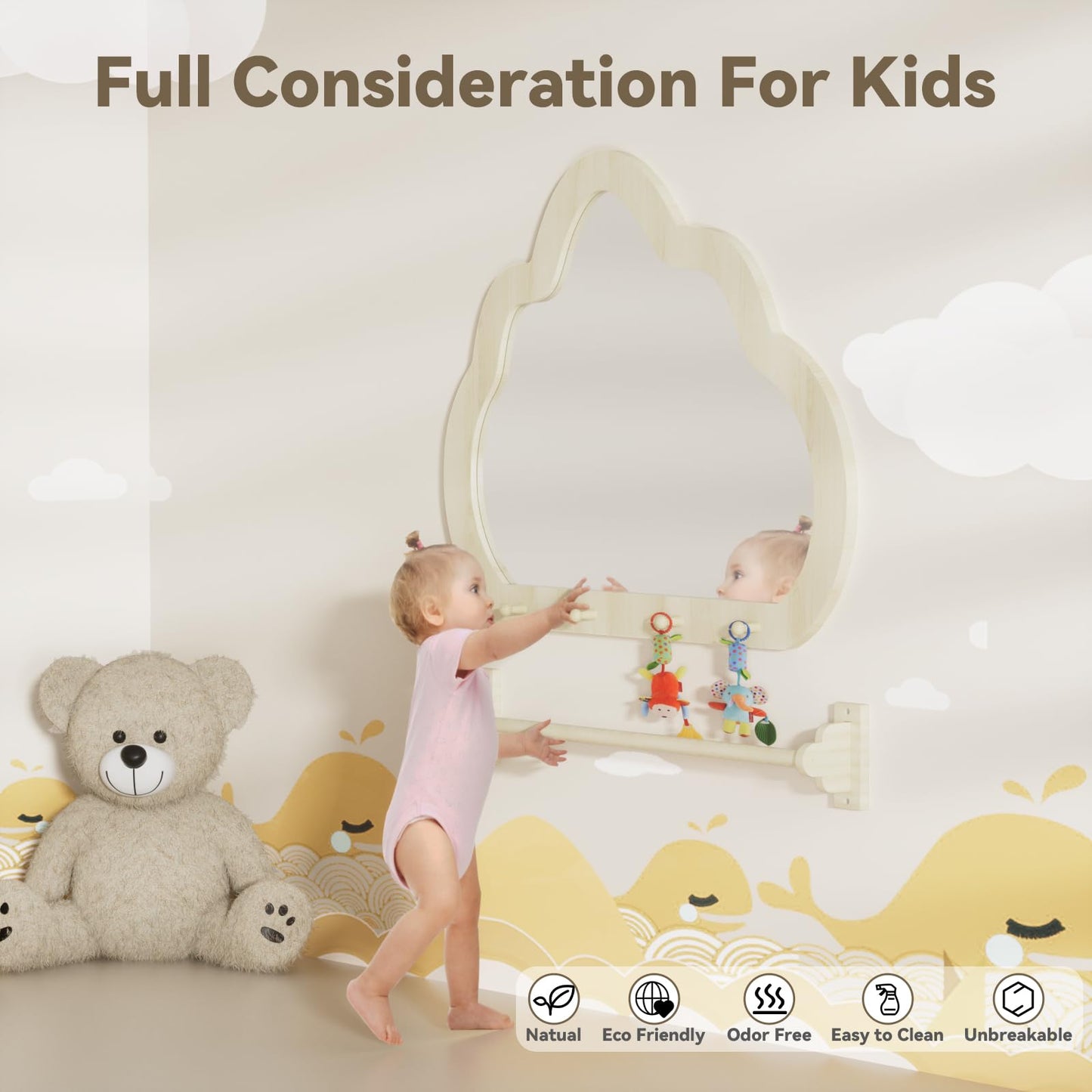 BZBRLZ Montessori Mirror with Bar - Adjustable Infant Mirror for Toddlers 6-18 Months, Easy Assembly Natural Frame, 22L x 0.8W