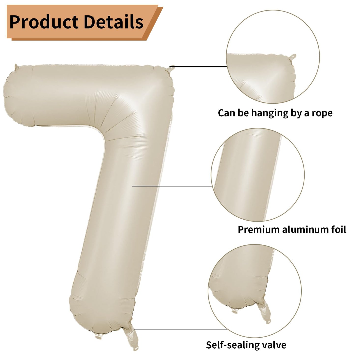 Biapian 40 Inch Cream White Number 7 Balloons, Beige White Large Number 7 Balloons With 18'' Cream Foil Heart Balloons Helium Fo