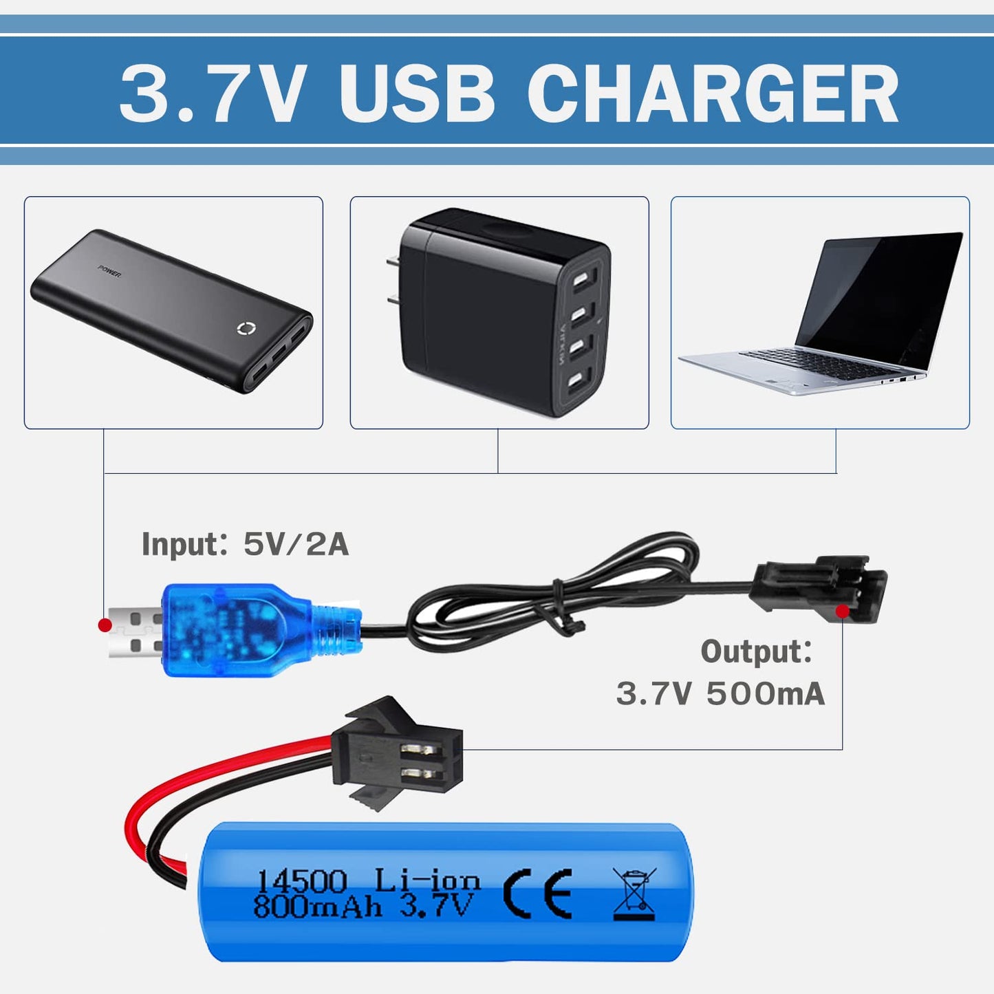 VICMILE 3.7V 800mah Li-ion Battery 2Pack with USB Chargers SM-2P Plug RC Rechargeable Battery Compatible with Remote Control Car