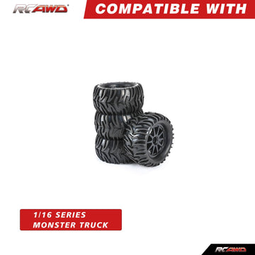 RCAWD Pre-Glued 12mm Hex Adapter Wheel and Tire Set Rubber Nylon Upgrades Parts for 1/16 1/18 Monster Truck with Foam Inserts fo