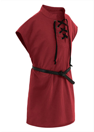 Boys Renaissance Pirate T Shirts Viking Medieval Sleeveless Lace Up Costume Scottish Cotton Tank Tops Red