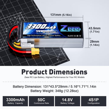 Zeee 14.8V 4S Lipo Battery 50C 3300mAh Soft Case Battery with XT60 Plug for RC Airplane Helicopter RC Boat UAV Drone FPV RC Car