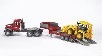 Bruder Mack Granite Flatbed Truck with JCB Loader Backhoe, Red/Yellow, Plastic, Model 2813