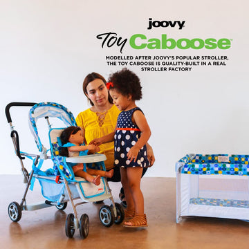 Joovy Toy Caboose Baby Doll Stroller Featuring Reclining Front Seat, Adjustable Footrest, Storage Basket, Extendable Canopy, And Snack Tray - Holds 3 Dolls (Blue Dot)