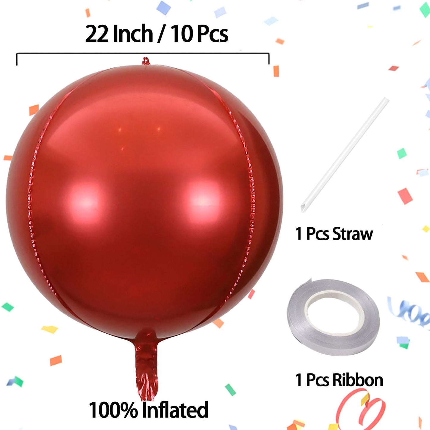 Kalor 10 Pcs 22 Inch Red Mylar Balloons, Large 4D Giant Round Foil Balloon Big Mirror Metallic Balloons For Birthday Party Baby Shower Gender Reveal Supplies
