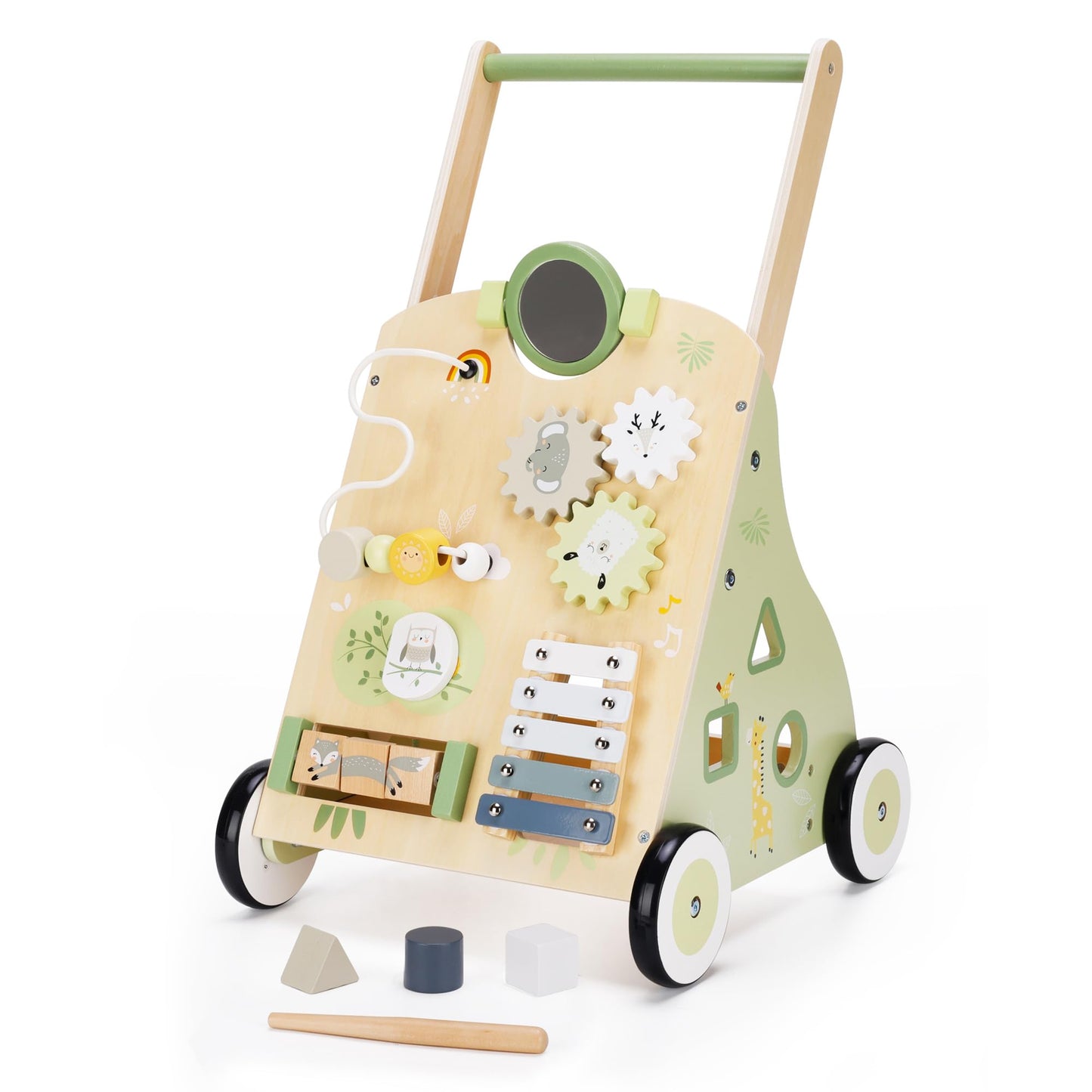 Wooden Baby Push Walker And Toddler Pull Learning Activity Toy - Develop Motor Skills & Creativity - Multiple Activities Center