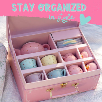 Porcelain Tea Set for Girls - Pastel with Gold Polka Dot Tea Party Set for Kids I Complete Children Tea Sets with Carry Case, Bi