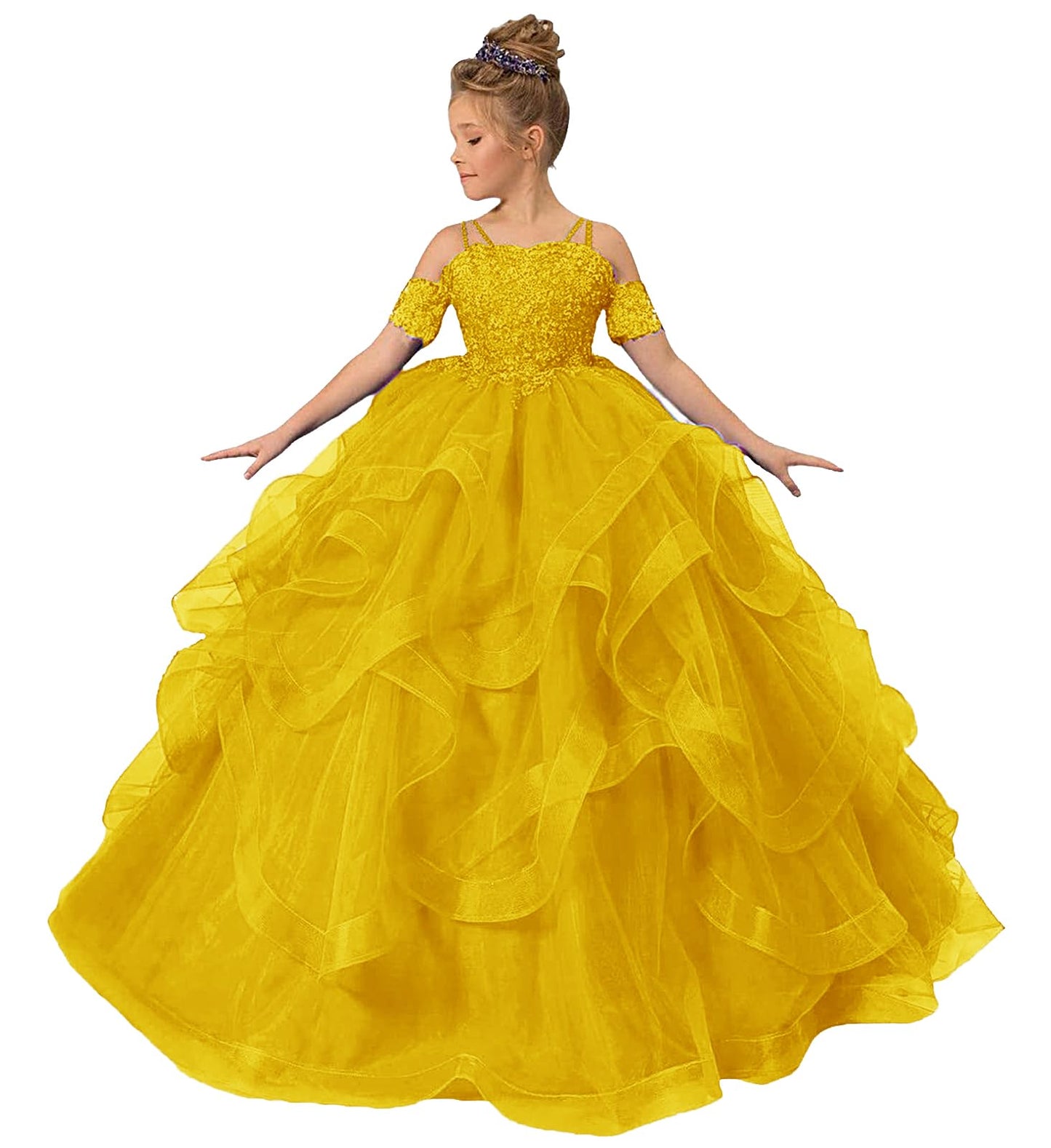 Zpvp Mustard Yellow Long Girls Pageant Dress Ruffles Princess Flower Girl Dress Beaded Appliques Tulle Wedding Party Costumes Us