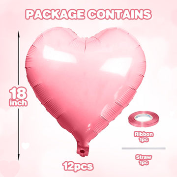 12 Pcs Heart Balloons, 18 inch Pink Heart Shaped Balloons, Big Heart Helium Balloons, Heart Love Foil Balloons for Wedding Baby