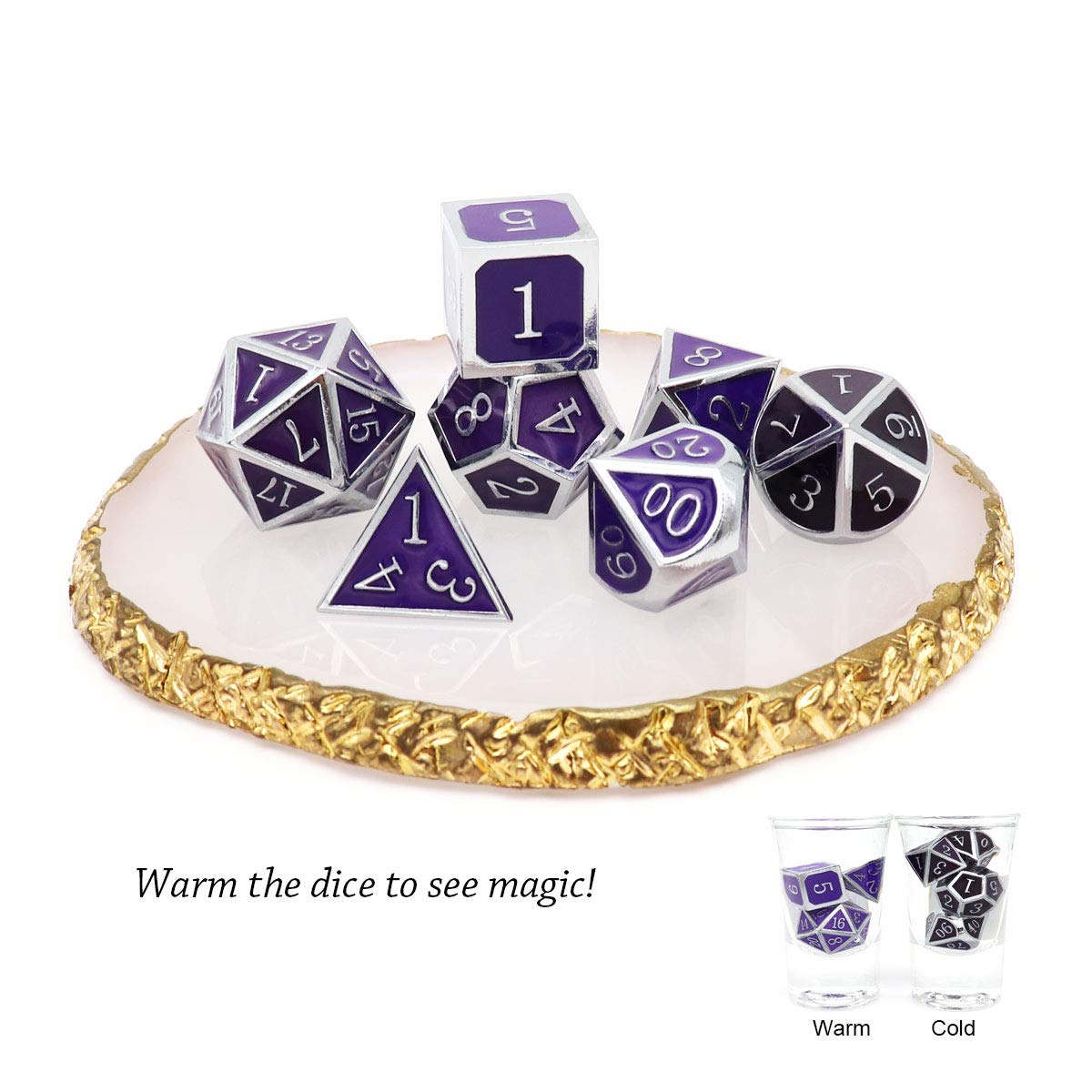 Haxtec Color Changing ByTemperature Metal DND Dice Set Polyhedral D&D Dice for RPG Dungeons and Dragons-Silver Black Purple Shif
