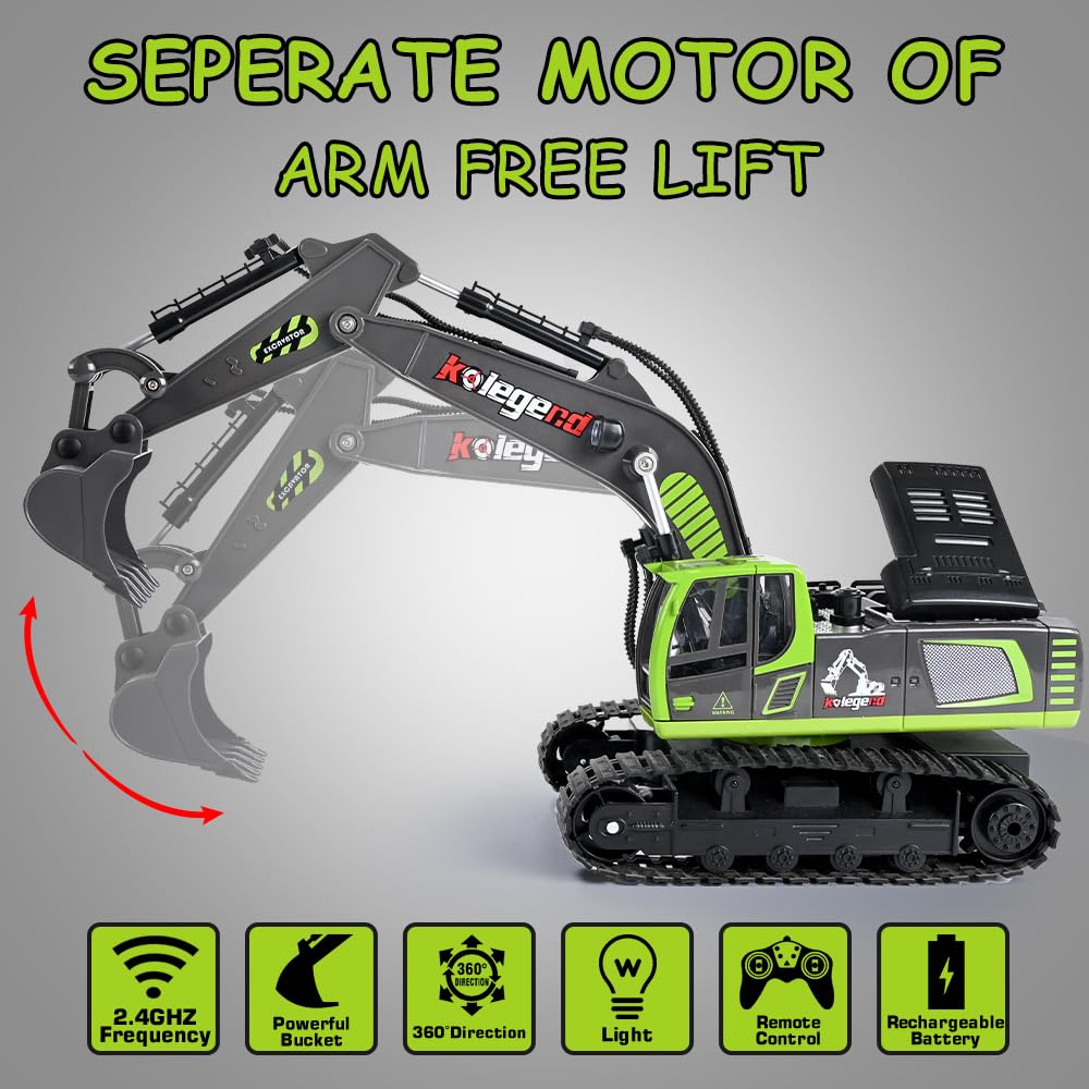 kolegend Remote Control Excavator Toy 16 Inch, 11 Channel RC Construction Vehicles Hydraulic Haulers Digger Toys Gift for 6 7 8
