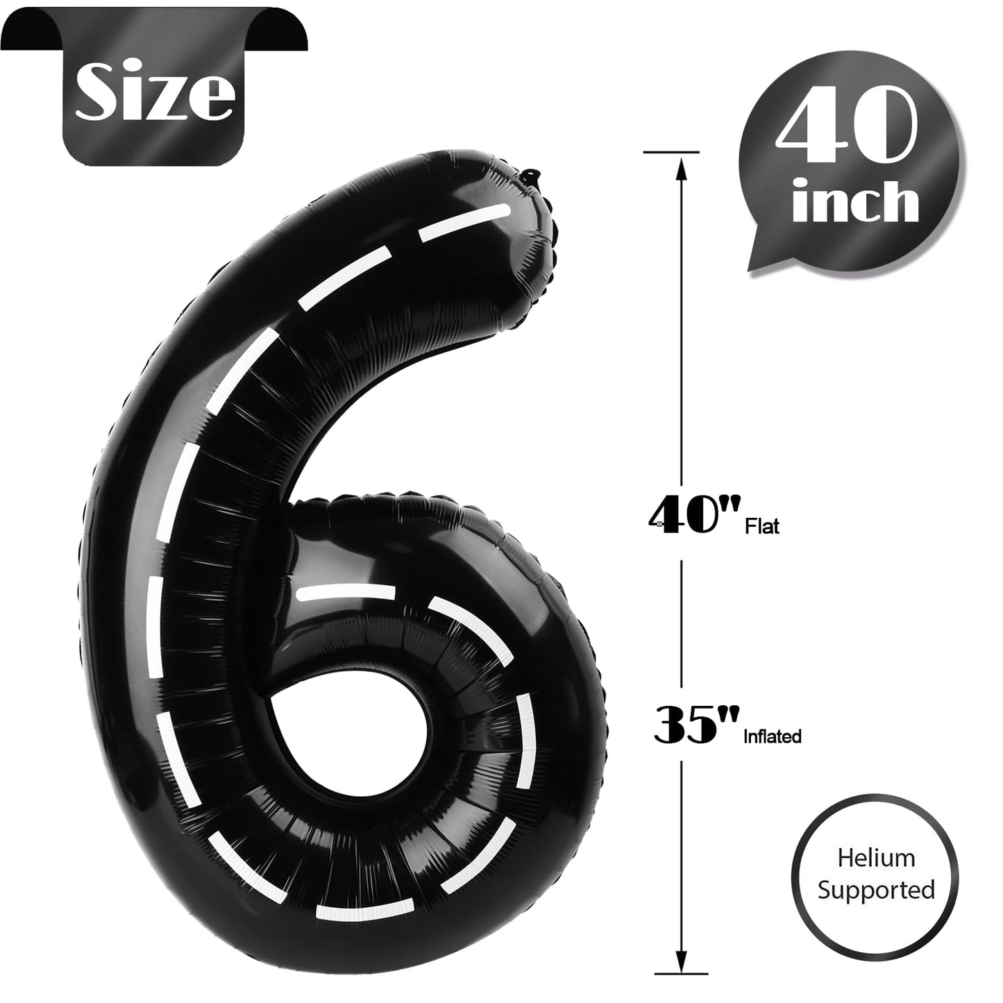 Race Car 6 Balloon, Number Balloons 40 Inch, 6Th Black Balloons For Birthday Decorations, Black Race Party Decorations 6 Birthda