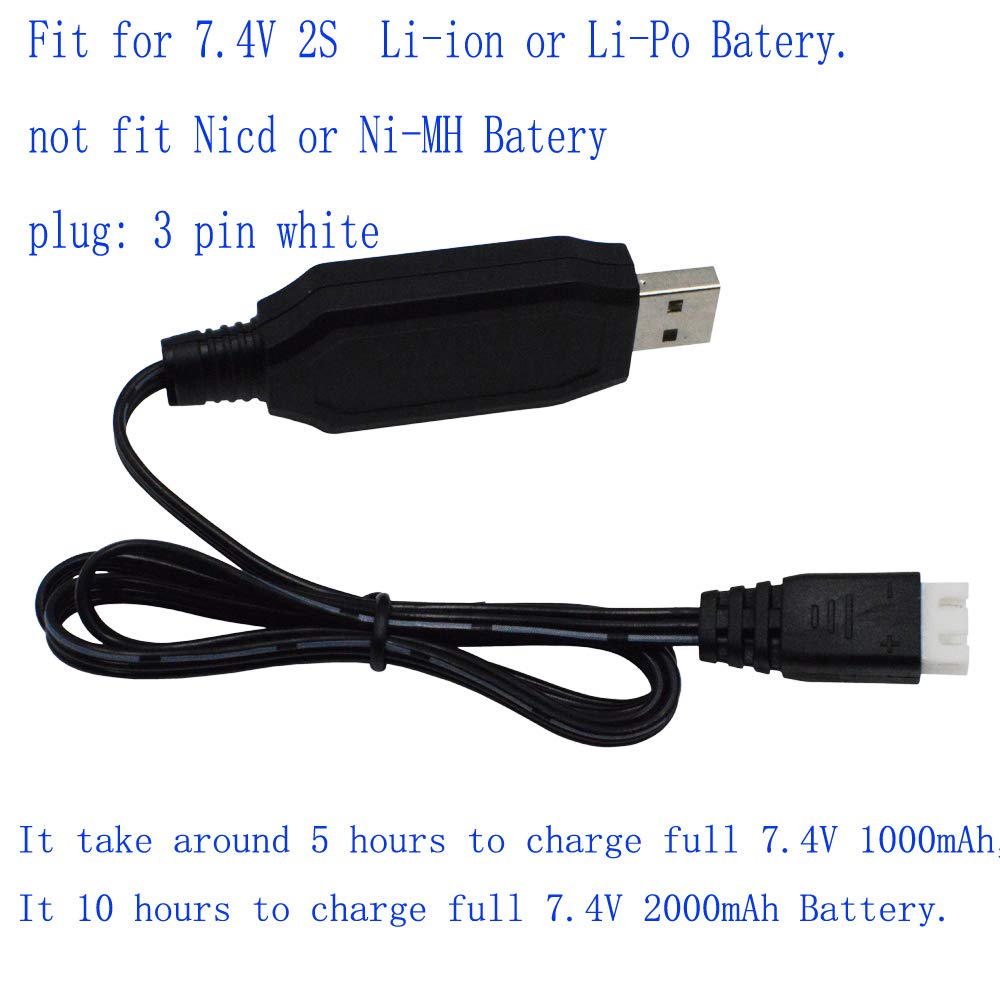 Blomiky 2 Pack H102 7.4V 1.3A USB Charger Cable with XH-3P Connector Plug for RC Truck 7.4V 2S Lipo Battery and H120 H100 H101 H