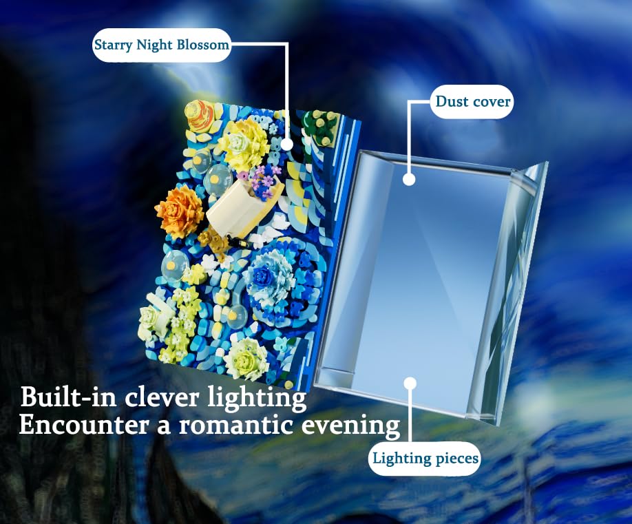 Ueuo Starry Sky Flower Night Building Block Set with dust Cover Artist Creative Painting Building Blocks Toys(922Pcs)