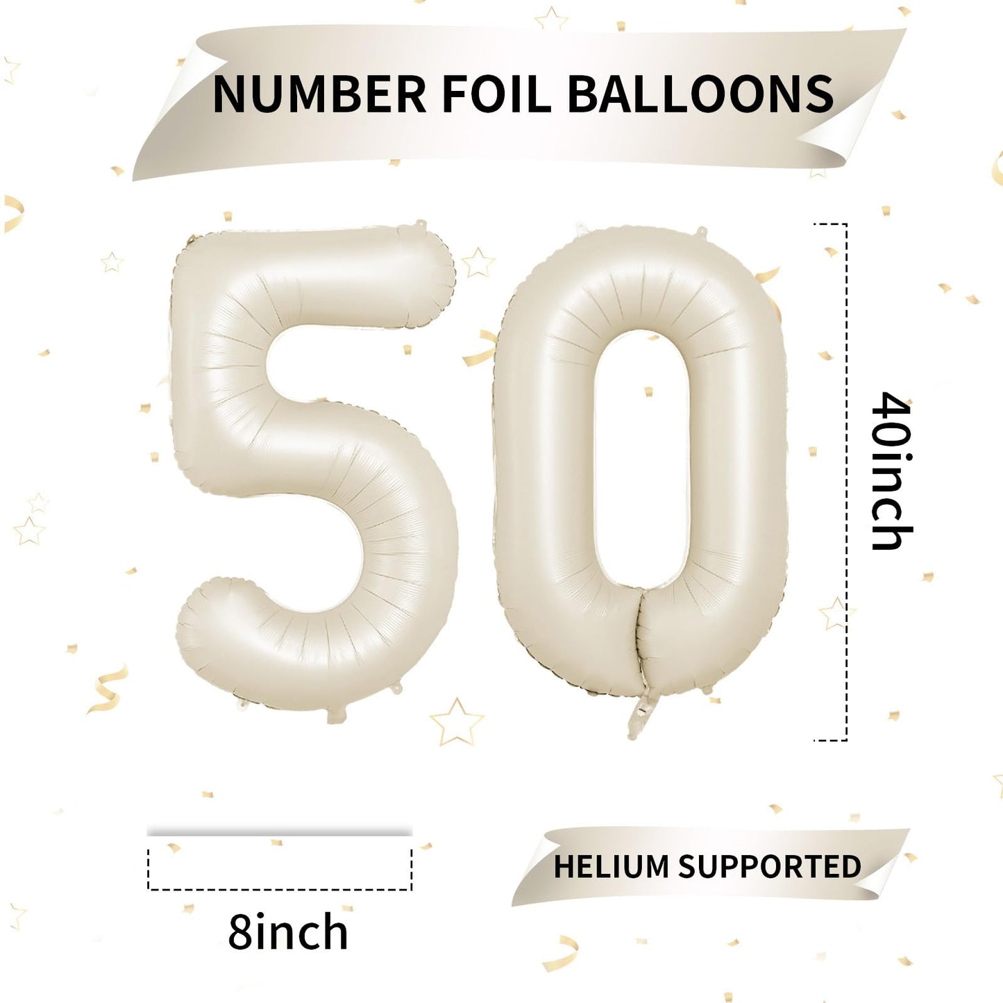 Biapian 40 Inch Cream Number 50 Balloon, 50Th Birthday Balloons, Big Digital 50 Beige White Giant 50 Foil Balloon Helium For Men
