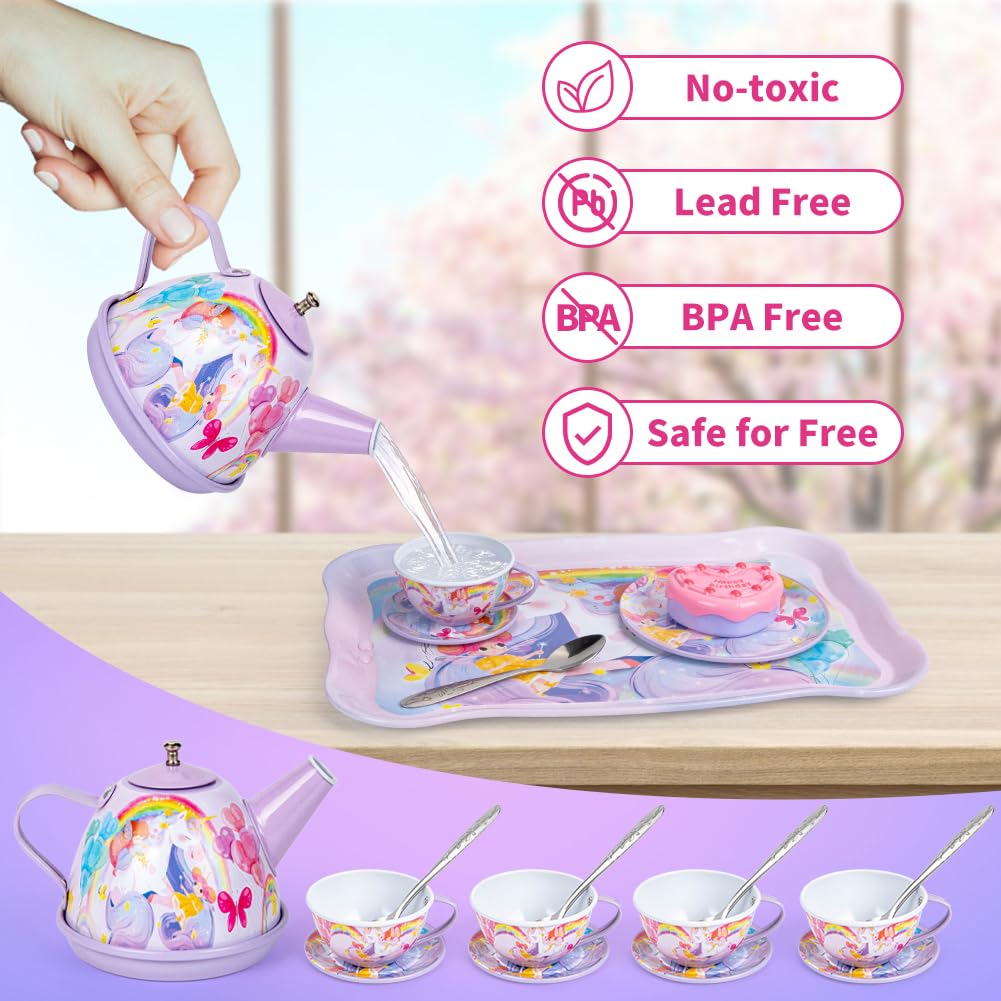 32Pcs Unicorn Tea Party Set for Little Girls Princess Tea Time Toys Playset Including Tin Tea Set Carrying Case Food Sweet Hair