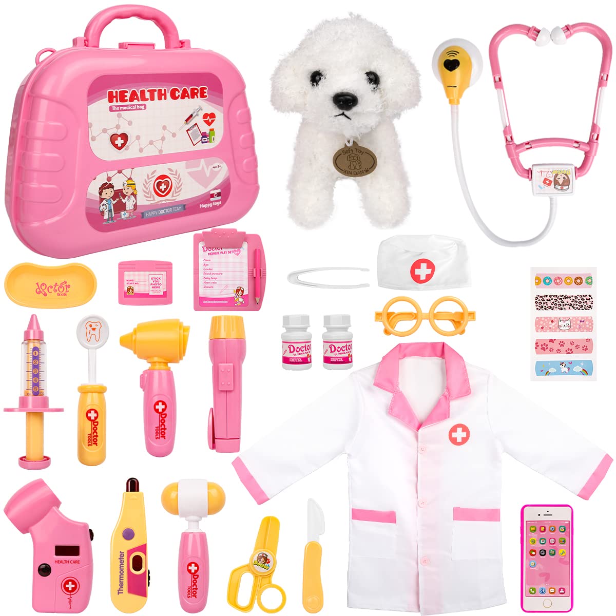 Meland Toy Doctor Kit for Girls - Pretend Play Doctor Set with Carrying Case,Stethoscope Toy & Dress Up Costume - Doctor Play Se