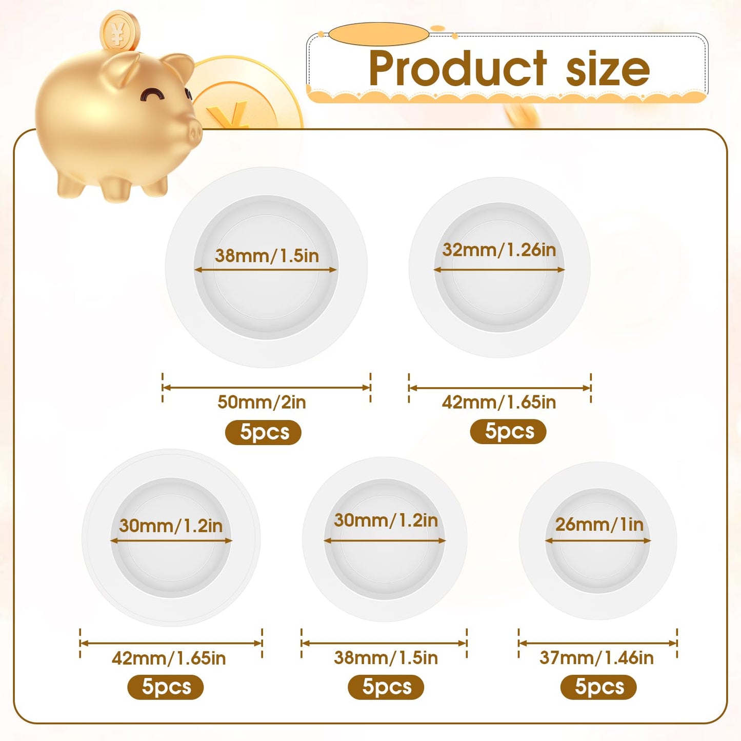 20 PCS Piggy Bank Stopper, 5 Sizes Rubber Saving Box Plug Rubber Saving Box Plug Round Piggy Bank Stopper Cover White Rubber Mon