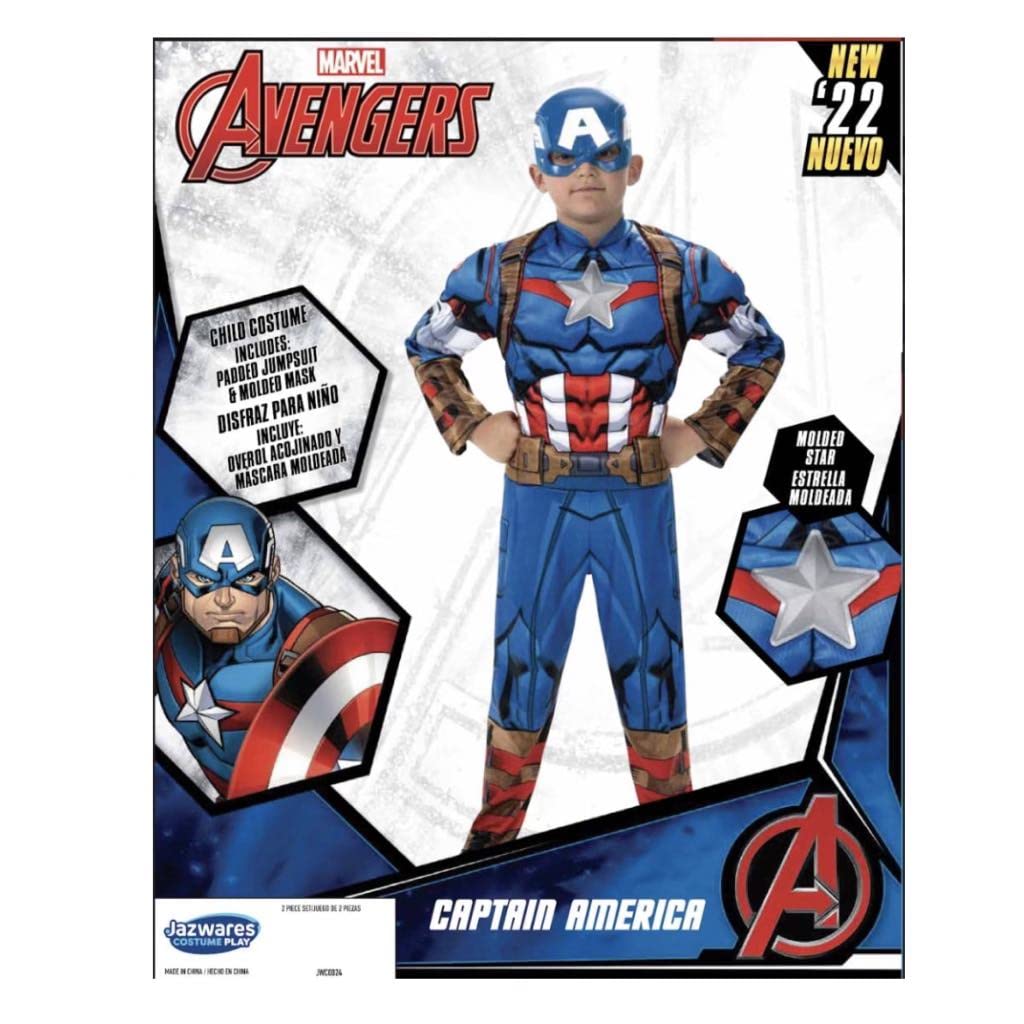 Jazwares Captain America Marvel Avengers Boys Kids Halloween Cosplay Costume Dress Up Padded Jumpsuit And Molded Mask (Medium)