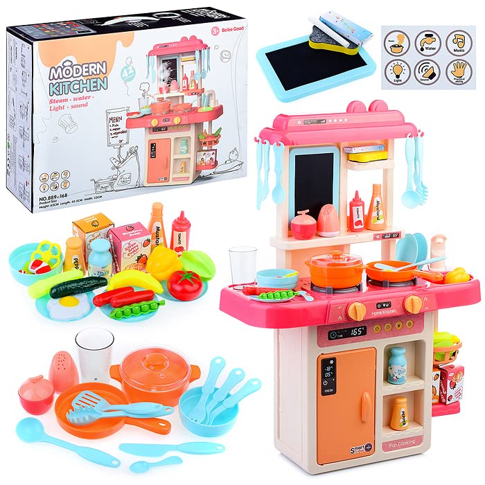 PLUSPOINT Big Kitchen Play Set with Accessories Kids Kitchen Set with Realistic Light Sound Steam Simulation Cooking Pretend Pla