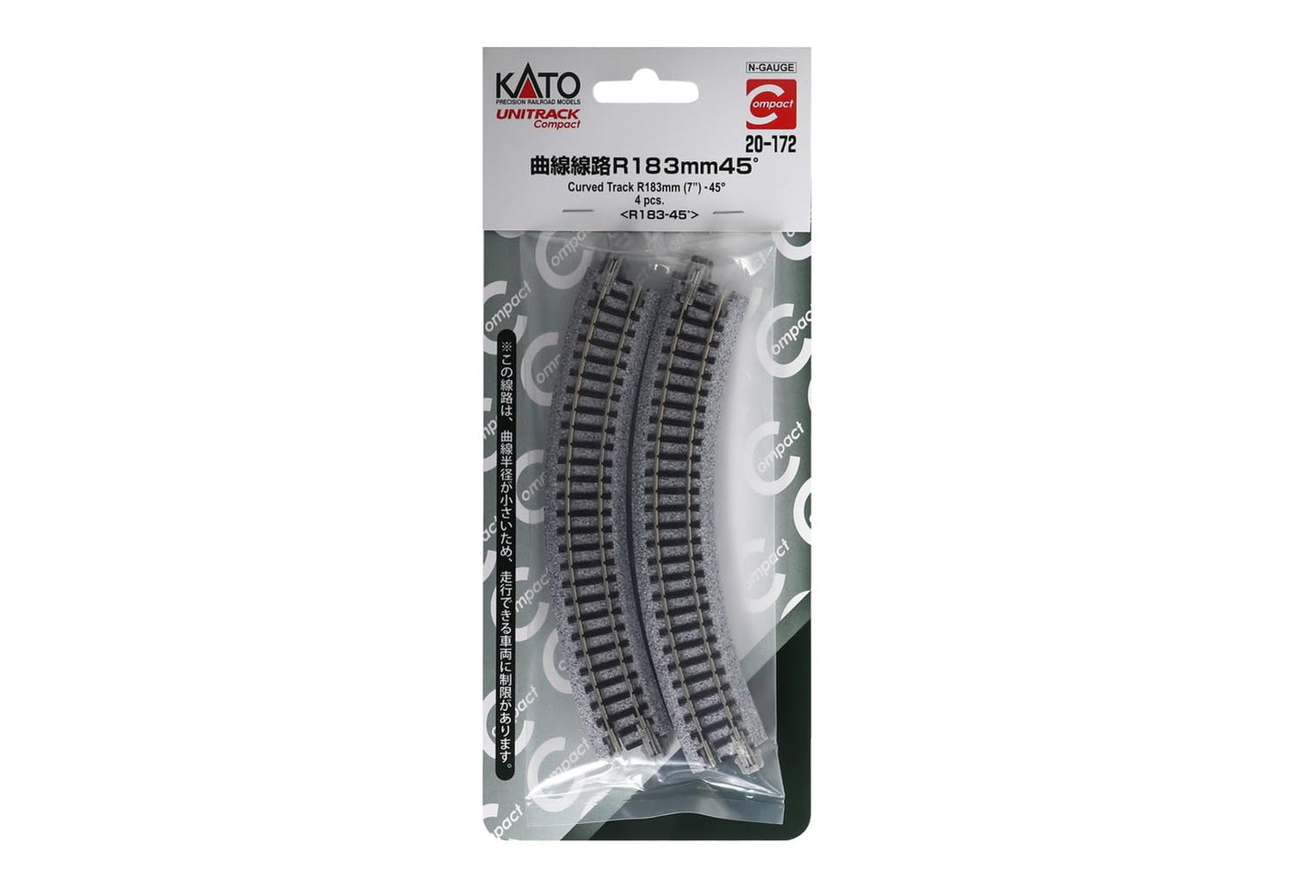 Kato USA Model Train Products UNITRACK Compact Tracks (4-Piece), 183mm/(7'') Radius/45-Degree