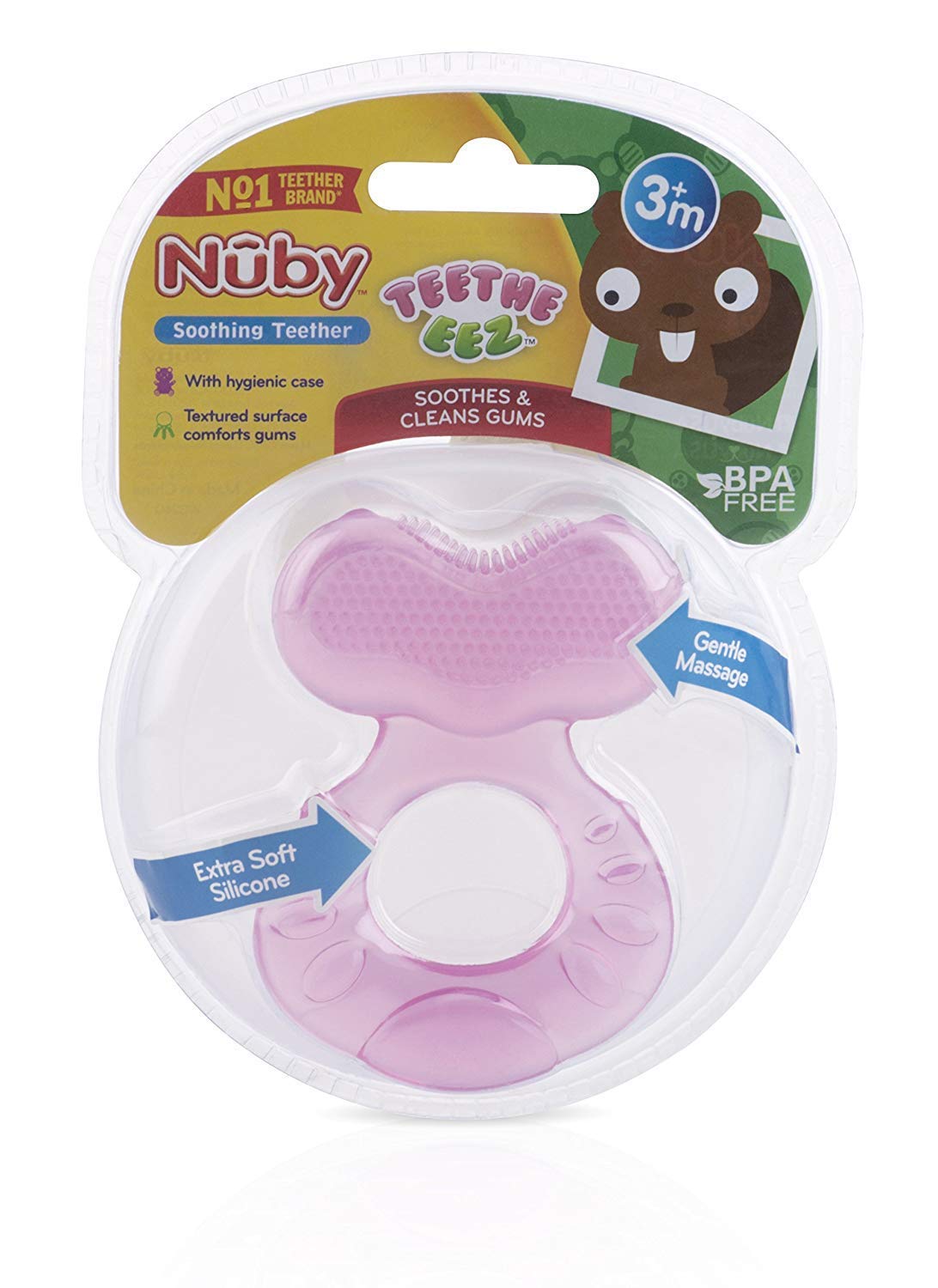 Nuby Silicone Teethe-Eez Teether With Bristles (Pink-2 Count)