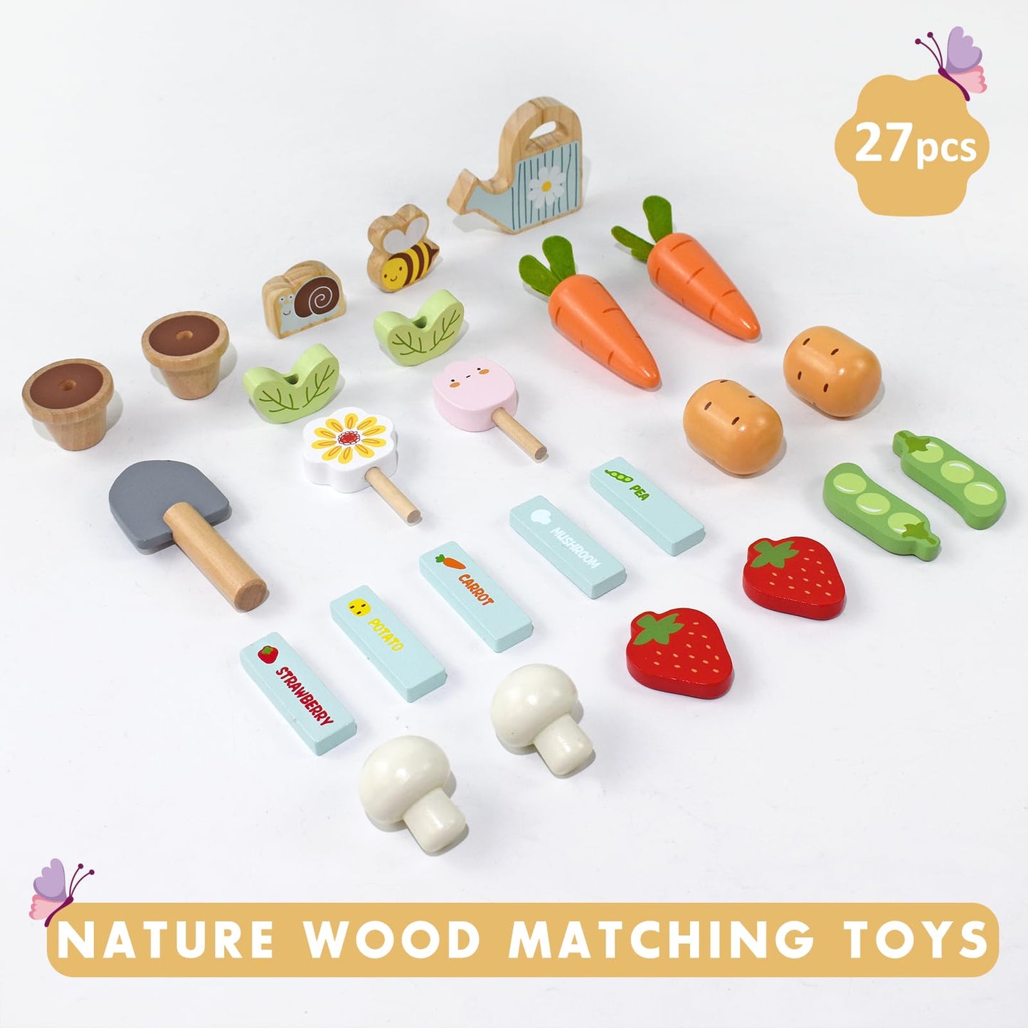 PairPear Flower Garden Toy Playset,Toddlers Wooden Toys Play Food Set for Girls Boys 3 Years and Up