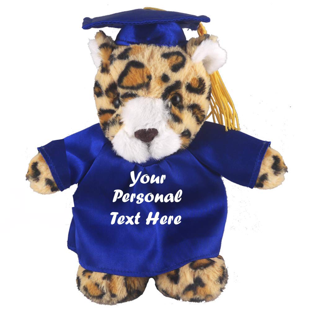 Plushland Plush Stuffed Animal Toys 8 Inches Present Gifts for Graduation Day Personalized Text Name or Your School Logo on Gown Best for Any Grad School Kids (Graduation Leopard Blue Gown)