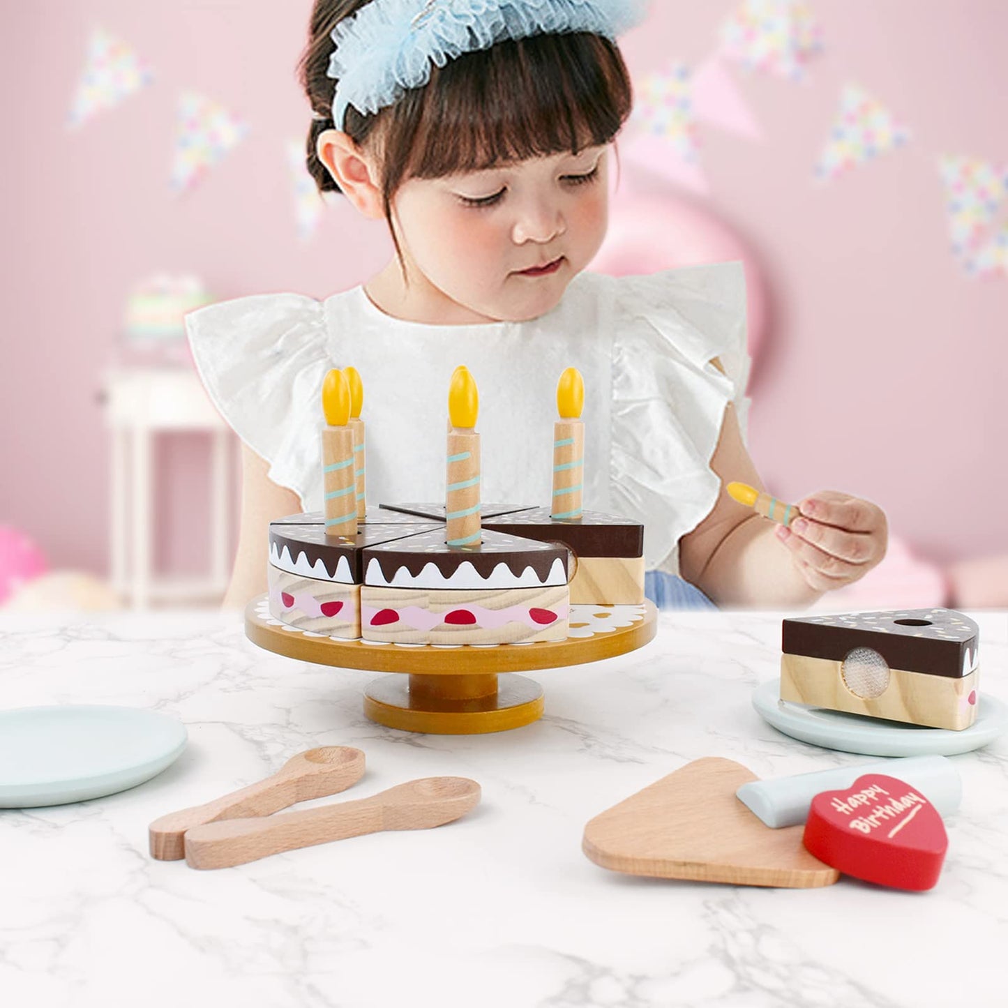 Pairpear Birthday Party Cake Playset For Kids,Wooden Toys Play Food