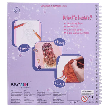 Bscool - Drawing, Coloring & Activity Book. Create Hairstyles With Stickers And Guides. Fashion Design Sketchbook For Kids 5 And