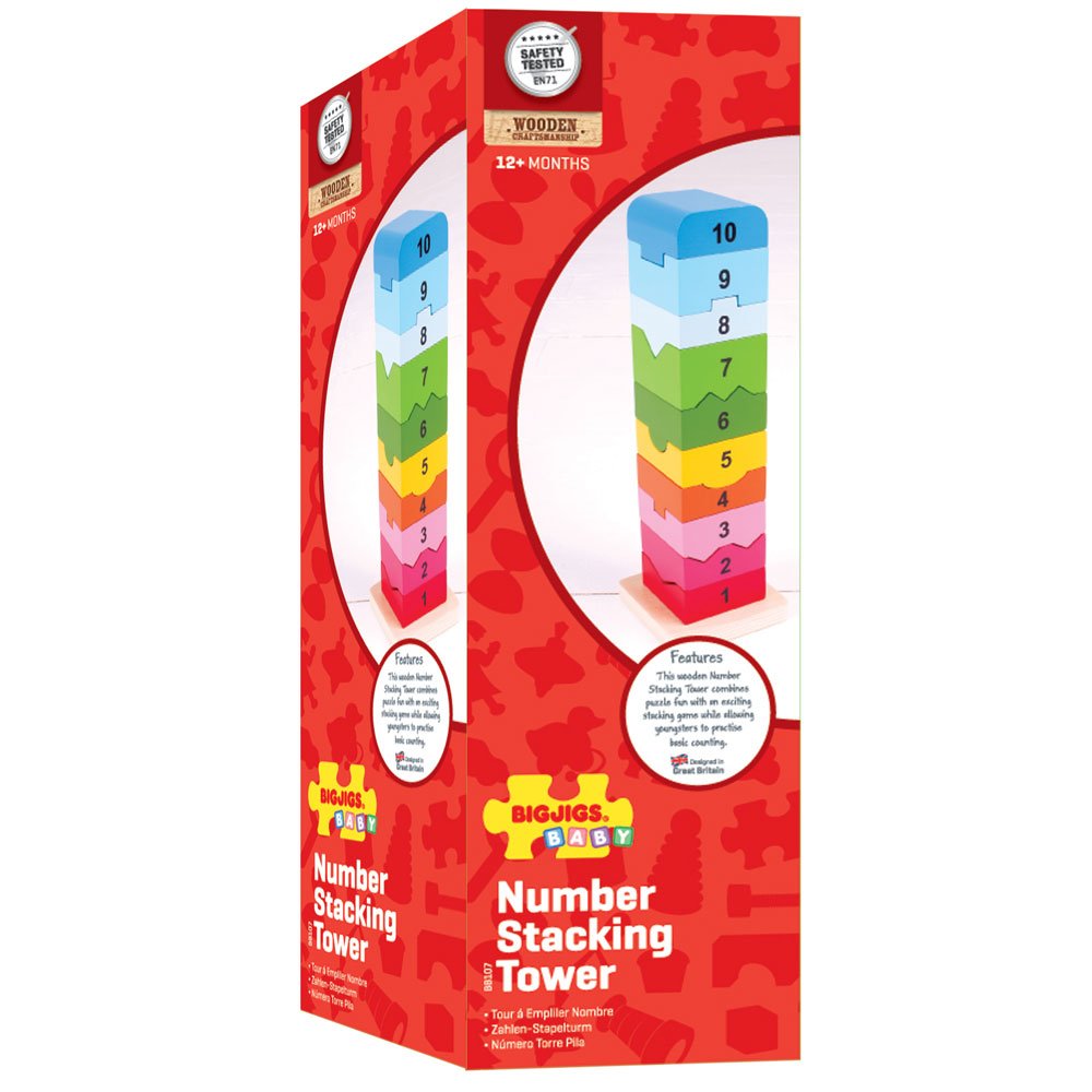 Bigjigs Toys Number Tower - Wooden Educational Toy, Multicoloured, Model BB107